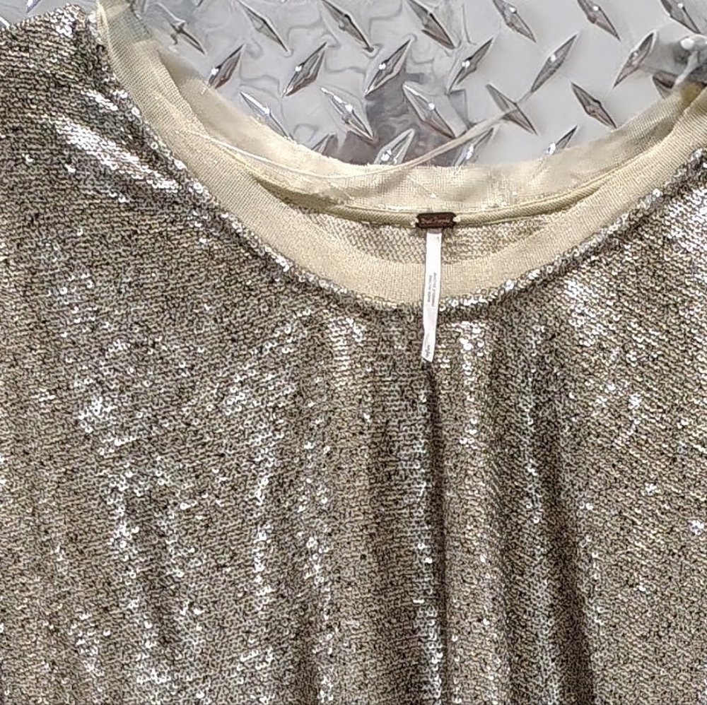 Free People Gold Sequin Oversized Flowy Swing Top 3/4 Sleeves Women's Sz S/M - Picture 3 of 5